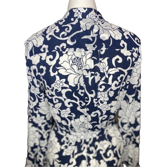 Banana Republic Navy Blue White Floral Tie Waist Dress Long Sleeve size 2 - Picture 8 of 12
